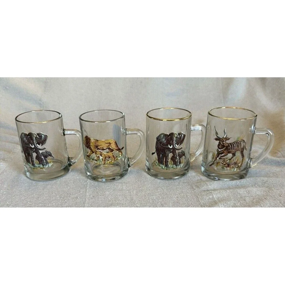Beer Cocktail Mug Stein Glass Antelope, 2 Elephant and Lion, w/babies set of 4